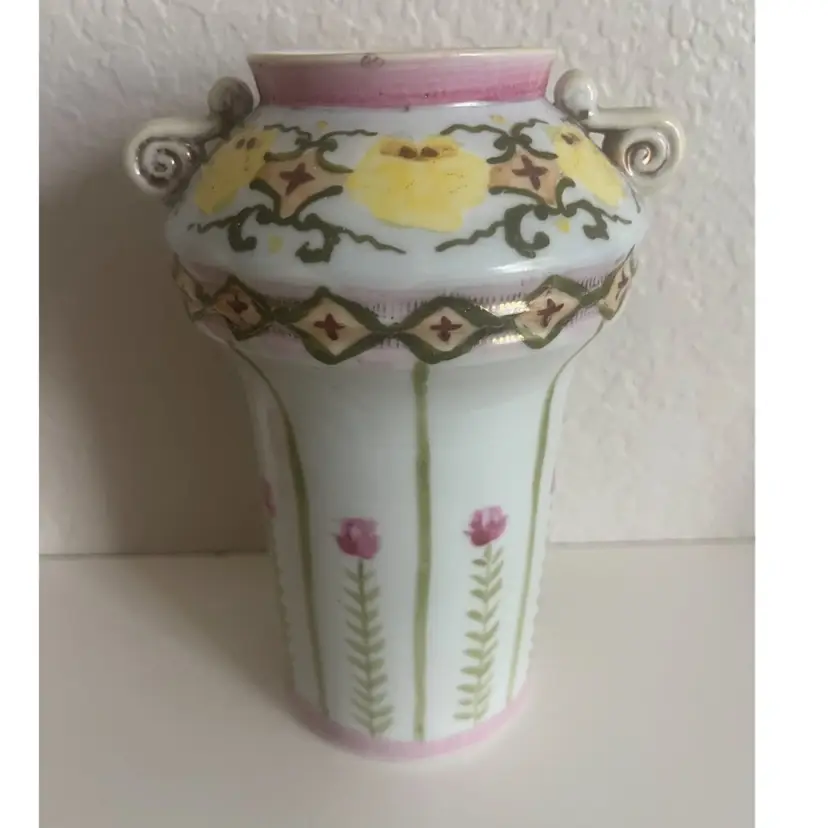 Vintage 7" Tall Nippon Hand Painted Floral Porcelain Vase Handles