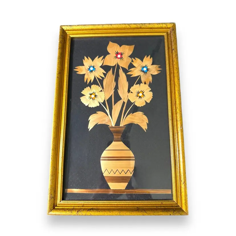 Vintage Mid Century Modern Floral Straw Art Framed Original 1960s Artwork