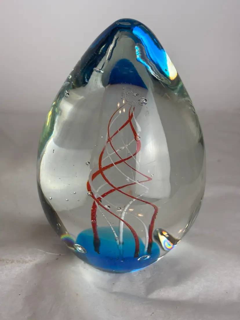Glass Egg Shape Red, Blue, yellow  spiral swirl Paperweight