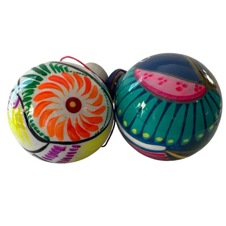 2- Talavera Christmas Balls Ornament Mexican Ceramic Folk Art Pottery Birds