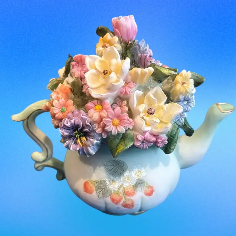 Beautiful  Floral Tea Pot With Hand Painted Strawberries - Custard Glass?