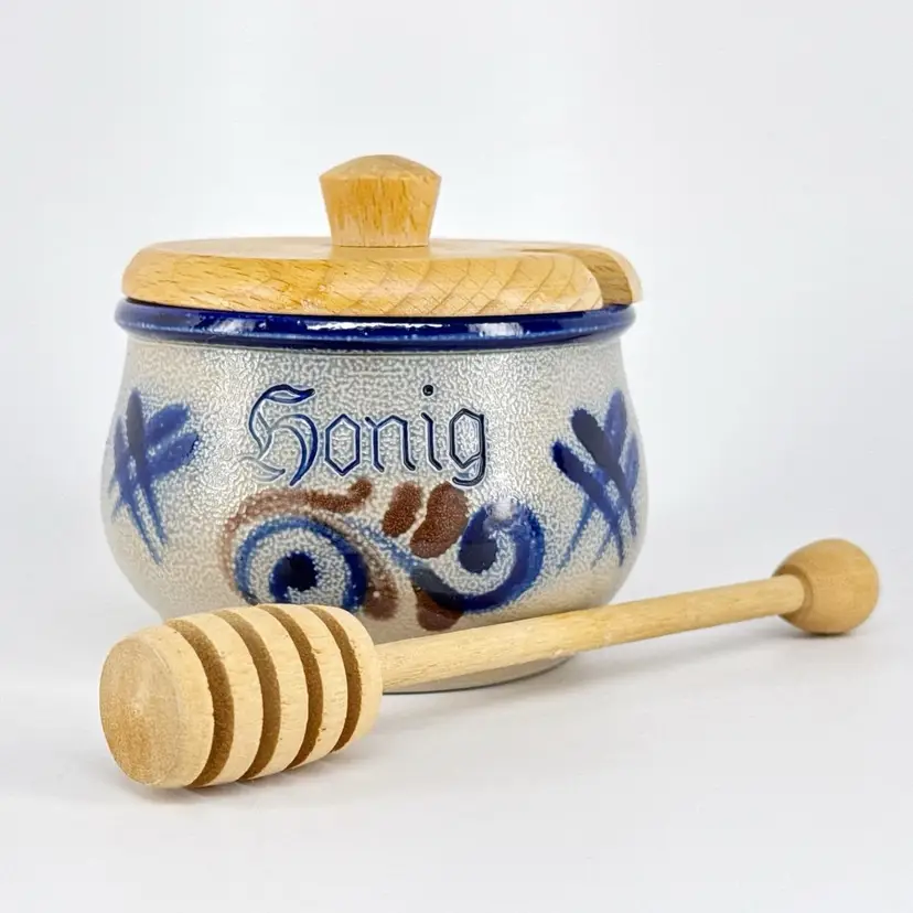 Westerwälder Germany Folk Art Pottery, Salt Glazed Stoneware "Honig" Honey Pot, Wooden Lid & Dipper