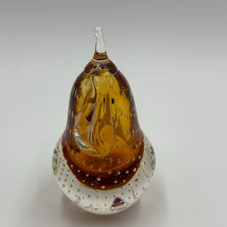 Hand Blown Glass Pear Paperweight Amber Clear Controlled Bubbles Sommerso