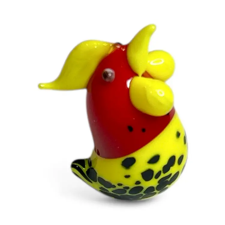 Mini Handblown Yellow Art Glass Rooster With Christmas Stocking