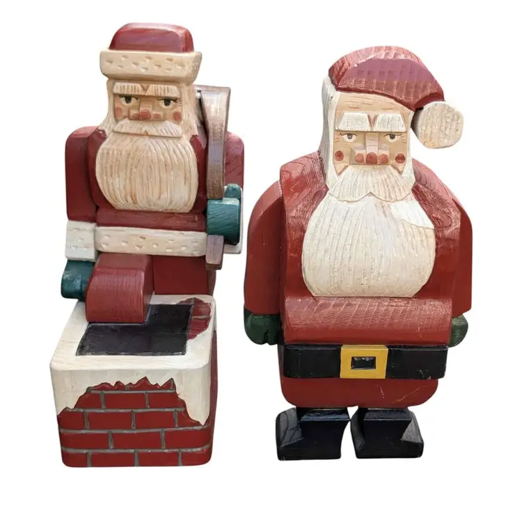 Super Cool Pair Of Two Vintage Handmade Wooden Block Santa Figurines Signed