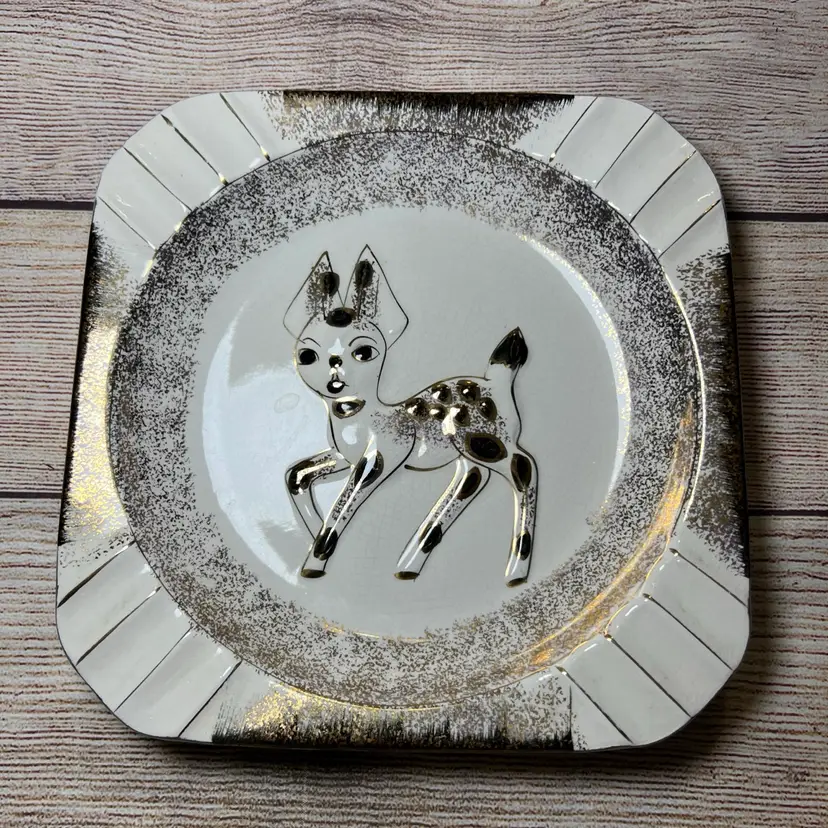 Vtg Ucagco Japan Square Ceramic Ashtray White Gold Deer 9β MCM