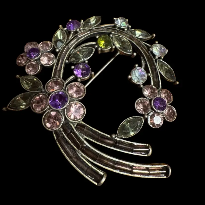 Vintage Floral Rhinestone Brooch - Pink Purple Blue Flowers, Green Leaves & Amber Seed Bead Inset Stems - Silvertone 2.25”