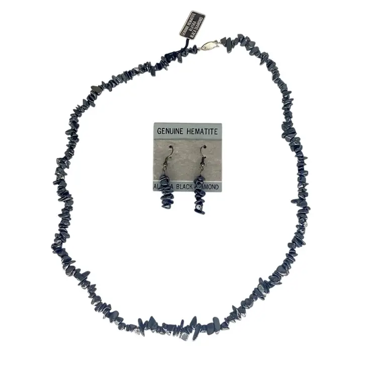 Alaska Black Diamond Genuine Hematite Necklace 24in Earrings Set Box Clasp