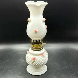 Vintage White Hobnail Milk Glass Oil Lamp with Pink Flowers