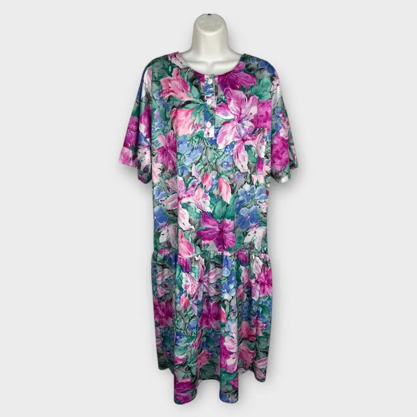 Vintage Tropical Muumuu House Dress Floral Drop Waist XL 70s/80s