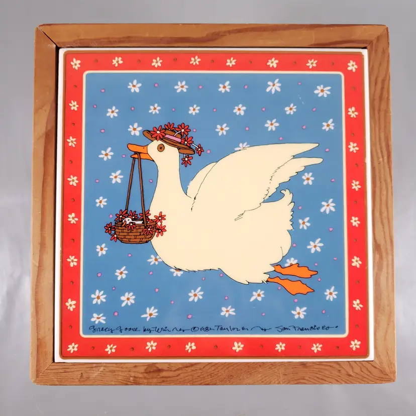 Vintage 1982 GRACEY GOOSE Wood Framed TILE TRIVET Japan