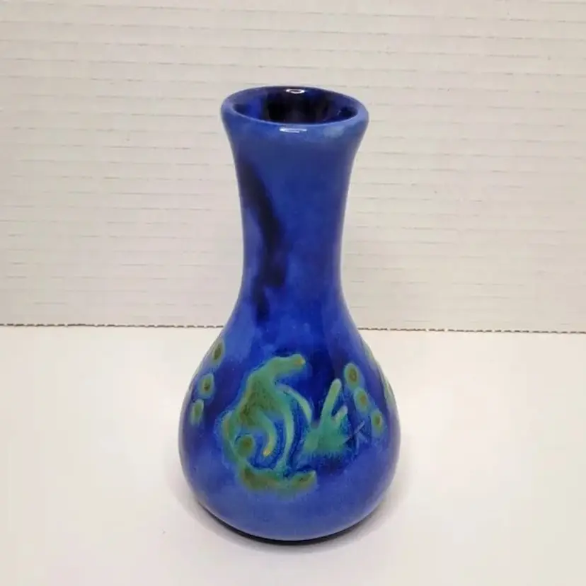 Blue Green Fish Motif Glazed Terracotta Bud Vase Barbados Earthworks
