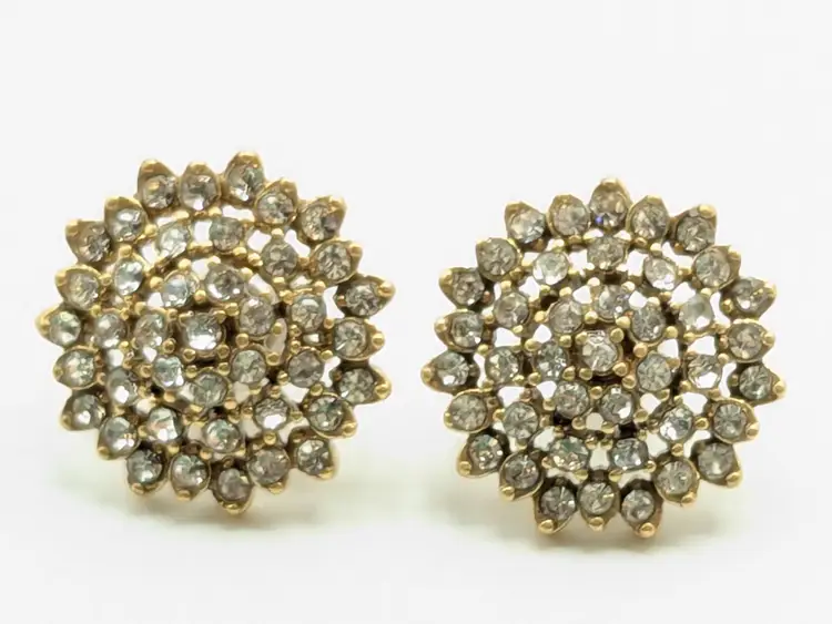 Gold Tone Rhinestone Cluster Pierced Earrings