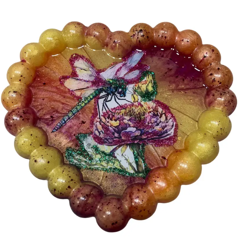 Heart Shaped Dragonfly Bubble Edged Trinket Tray Handmade