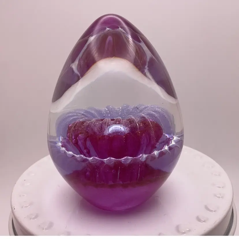 AS IS Iridescent Pink Egg-Shaped Art Glass Paperweight 3.25” Signed & Numbered