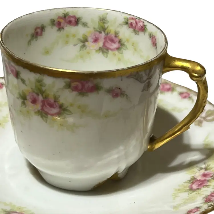 #01 022 French Demitasse Cup And Saucer, FM Fontanille MARRAU 2" X 3" Pink Roses  Elite