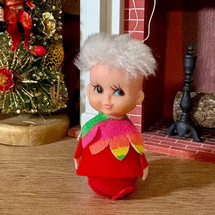 Vintage Christmas Napco Pixie Elf Mod Rainbow Collar Small Ornament MCM Japan