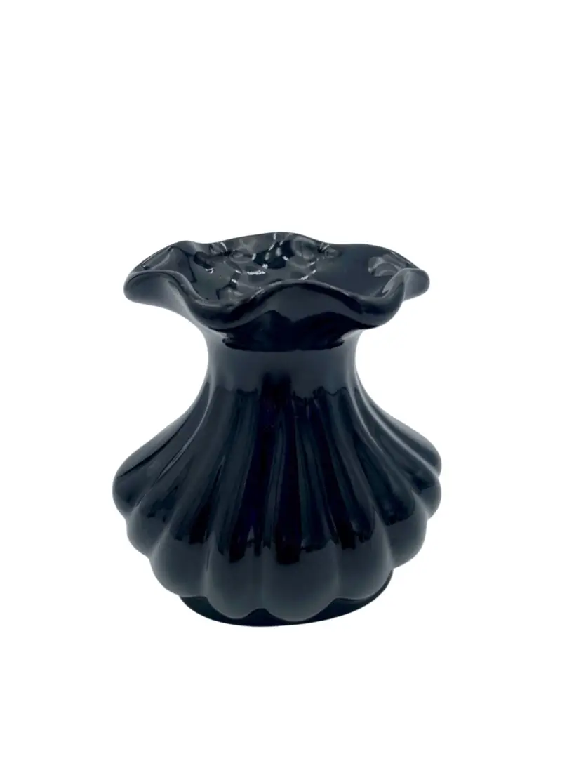 Small Black Ceramic Vase, Scalloped Shell Body (Ribbed), Ruffled Rim, 4"
