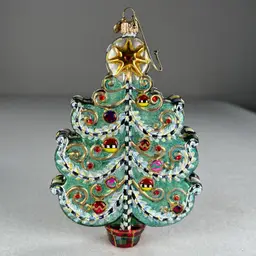 Mackenzie Childs Ornament Courtly Check Christmas Tree  4”x6”x1.5” Glass EUC
