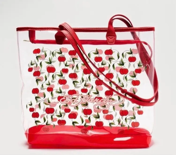 Ed Hardy Large Red Clear Cherry Tote Carryall Handles Cute Girly Feminine Gift