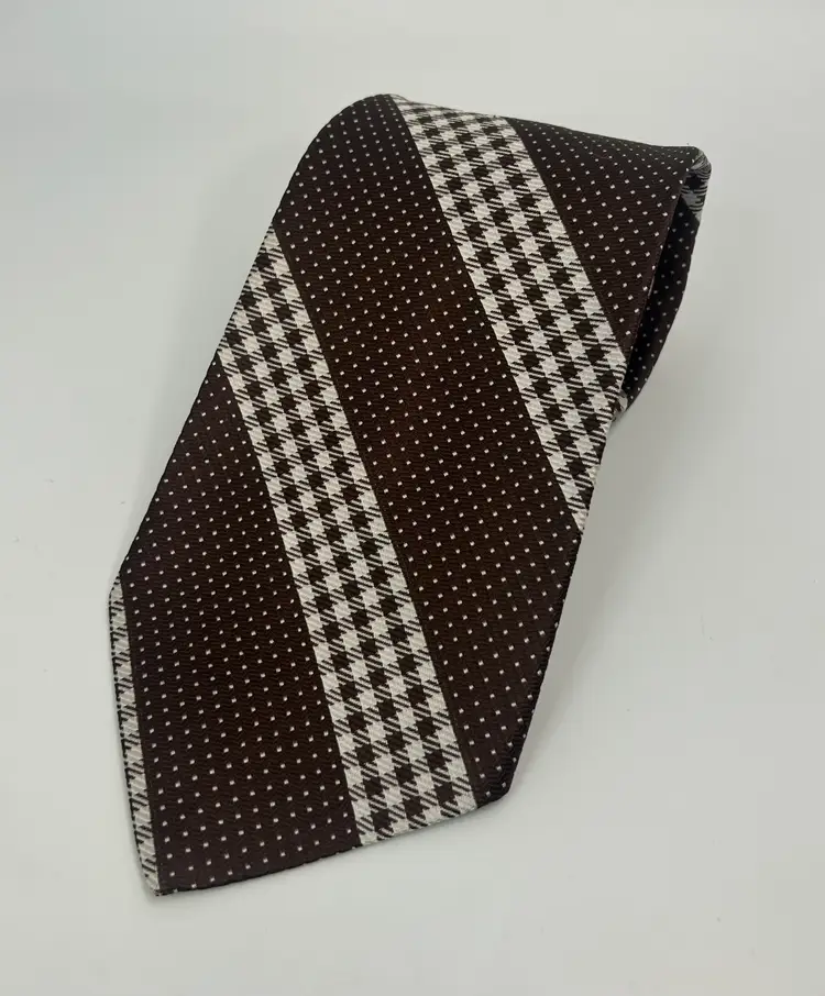 Vintage Ties+ Brown and White Check Dot Design Wide Dacron Polyester 58" x 4.75"