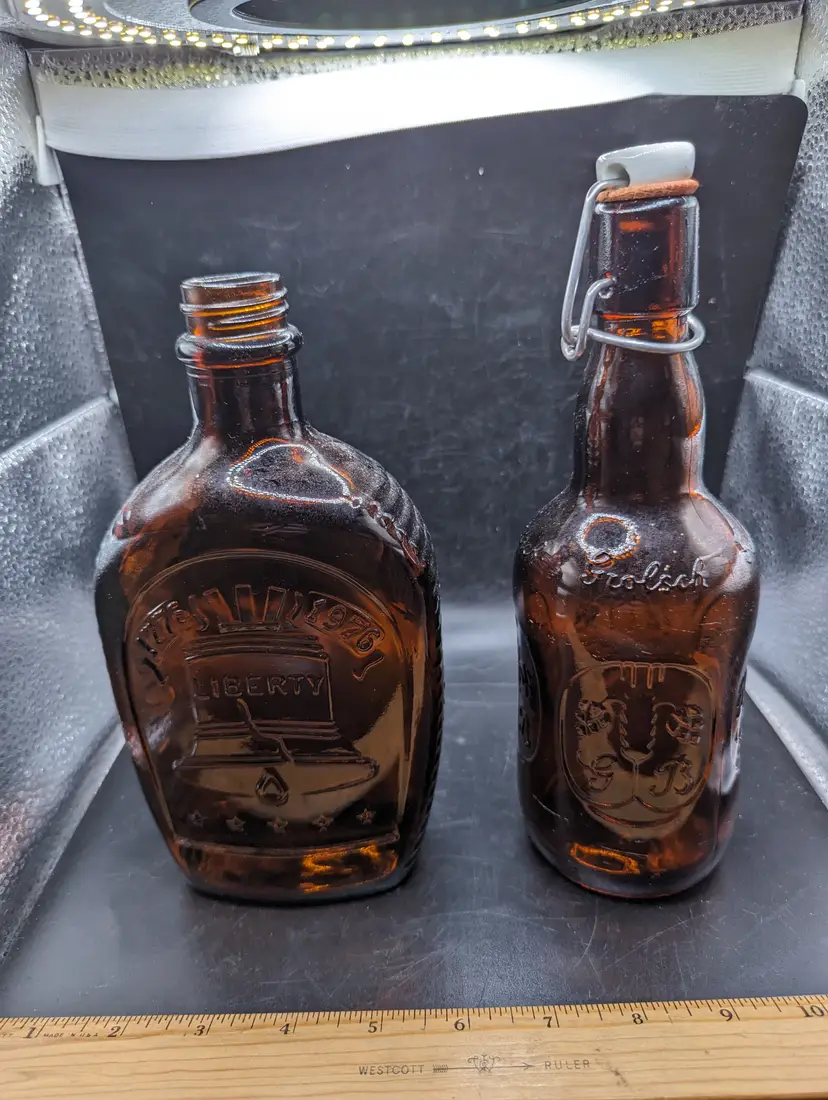 Vintage Lot of 2 Vintage Bottles Grolisch Beer with Porcelain Flip Top and Bicentennial Log Cabin