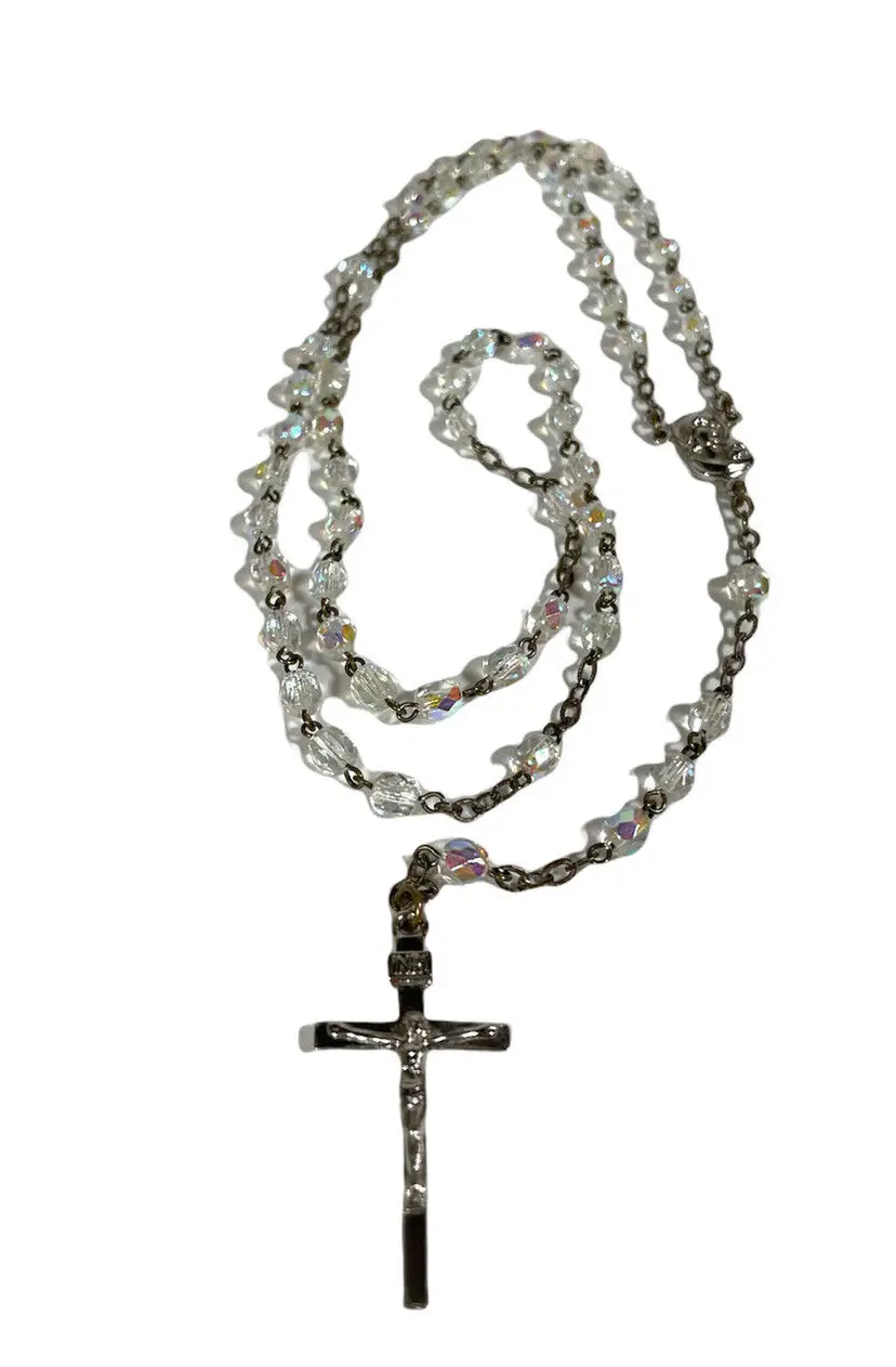 Aurora Borealis Facet Crystal Beaded Catholic Rosary Prayer Bead Necklace 