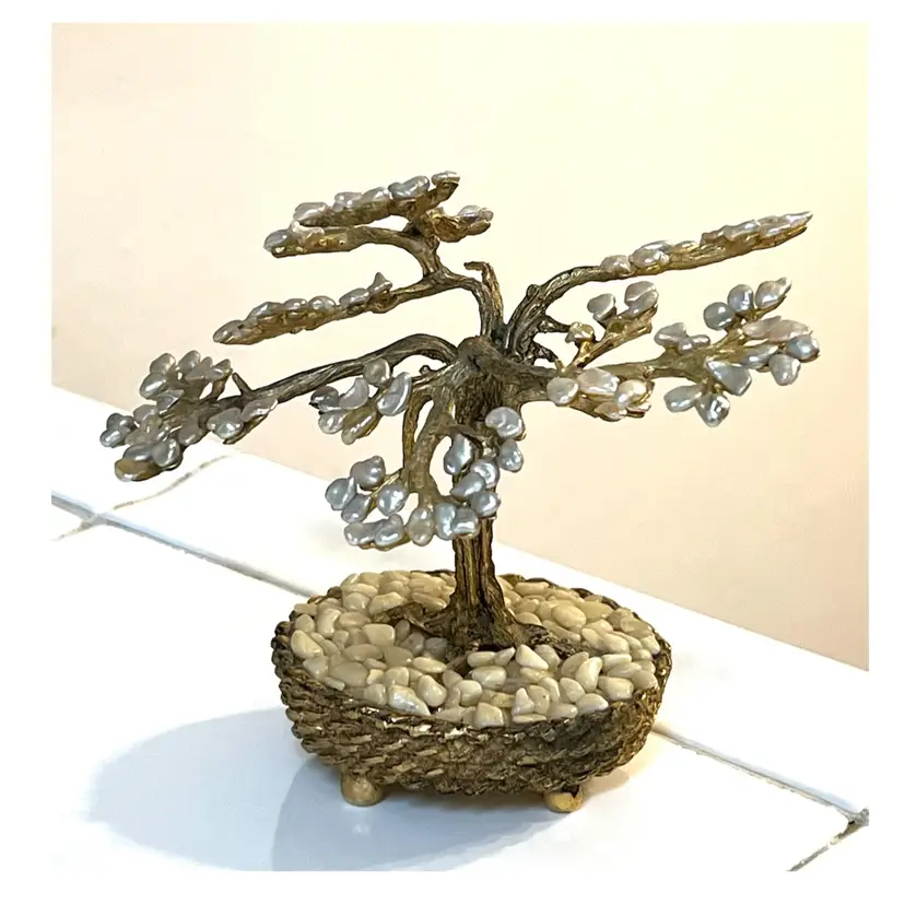 Brass Bonsai Tree of Life Freshwater Pearls Flowers 3-Footed Basket Base 4.5 in Height