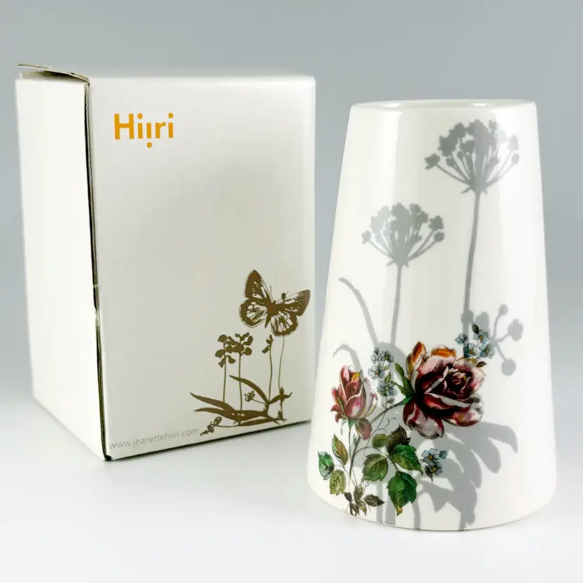 Jeanette Hiiri Small Cylindrical Porcelain Vase with Blooming Roses & Flowers Made in Denmark
