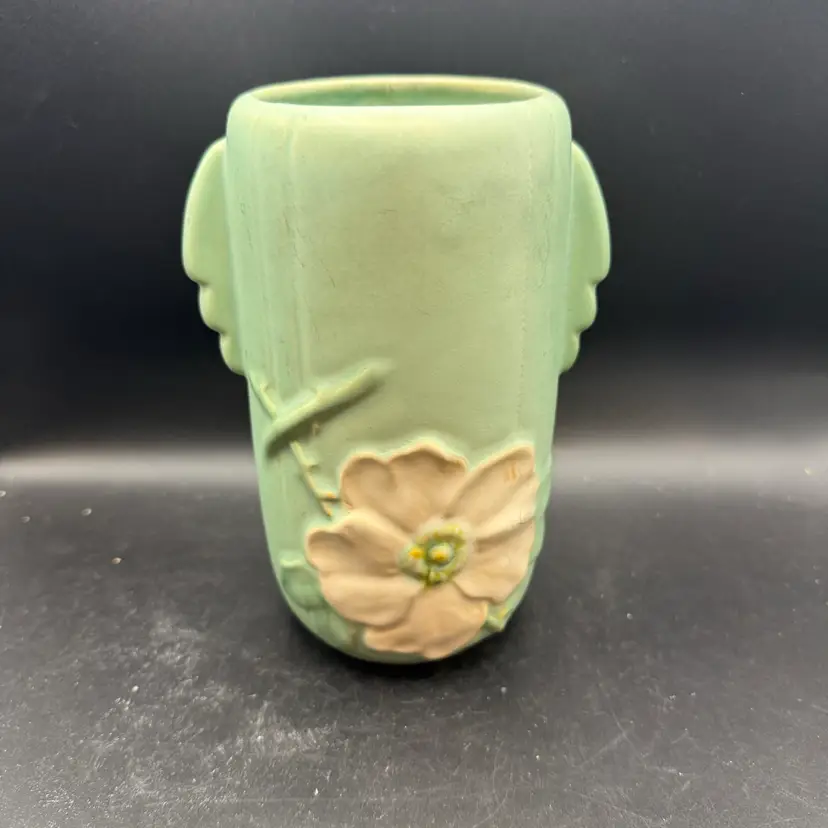 Art Deco Green Glaze Weller Pottery Dogwood or Wild Rose Vase