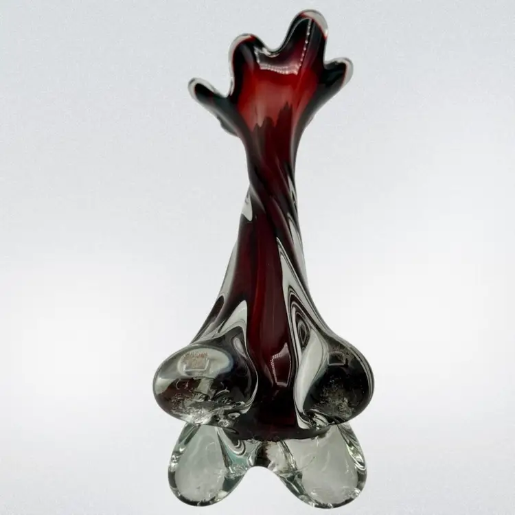 Vintage MCM 15” Lorraine Oxblood Sommerso Twist Four Toed Six Fingered Vase
