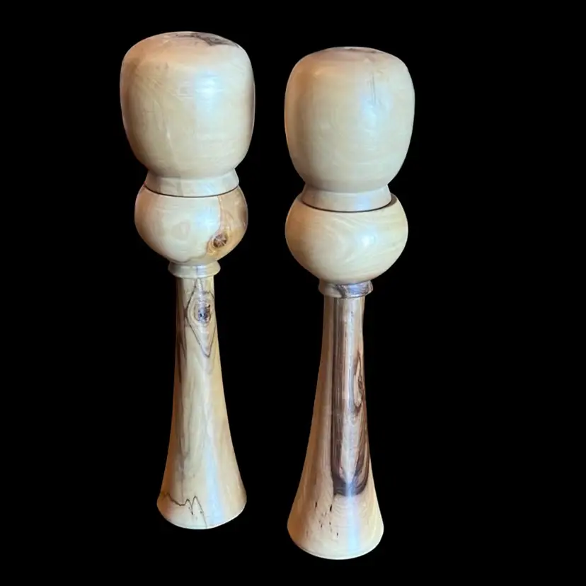 Artisan Made Carved Wood Salt & Pepper W Candle Holder Stands