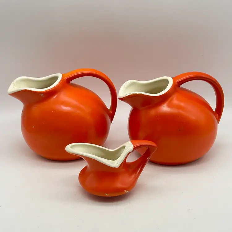 Vintage Lot Of 3 Ceramic Orange Tomato Red Creamer Pitchers Hall Pottery