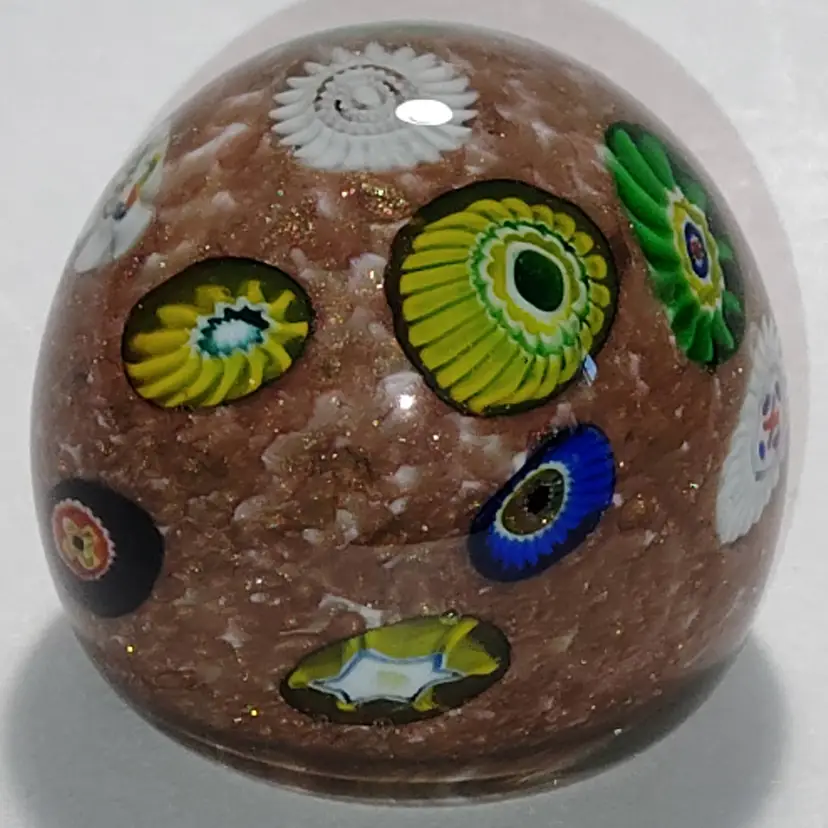Vintage Murano Art Glass Copper Aventurine Millefiori Paperweight, Scarce!