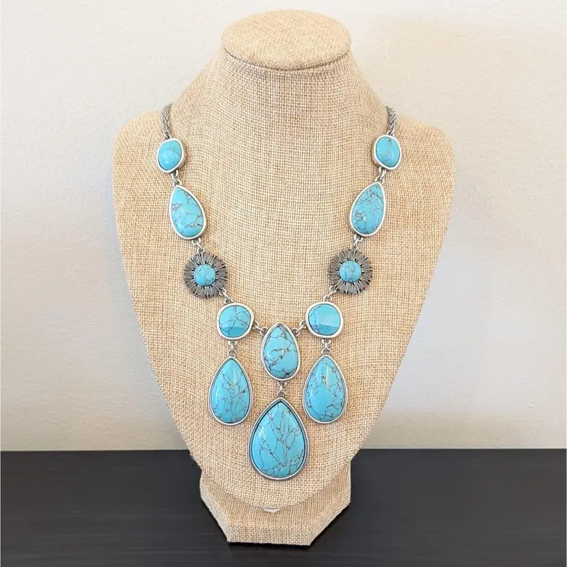 Lucky Brand Boho Faux Turquoise Necklace Silver Tone Southwestern Statement