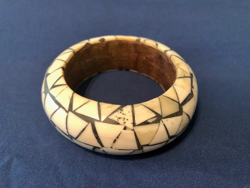 Chunky Inlaid Mosaic Bone Wooden Bangle Bracelet Vintage Handmade