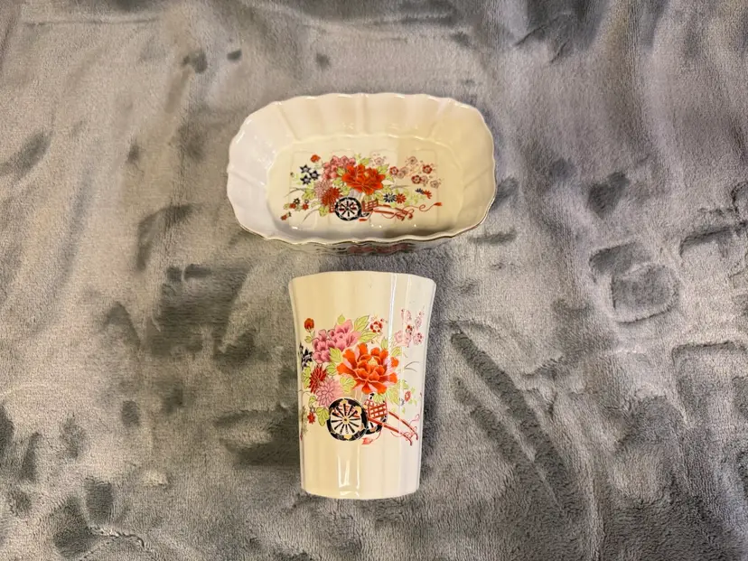 Vintage Porcelain Silver Trimmed Trinket Soap Dish & Cup Imperial Japan Floral