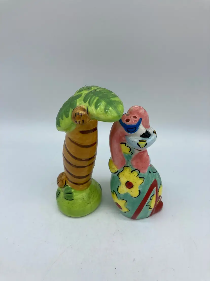 Flamingo Ceramic Salt & Pepper Shakers Set Pink Flamingo Collectible Palm tree