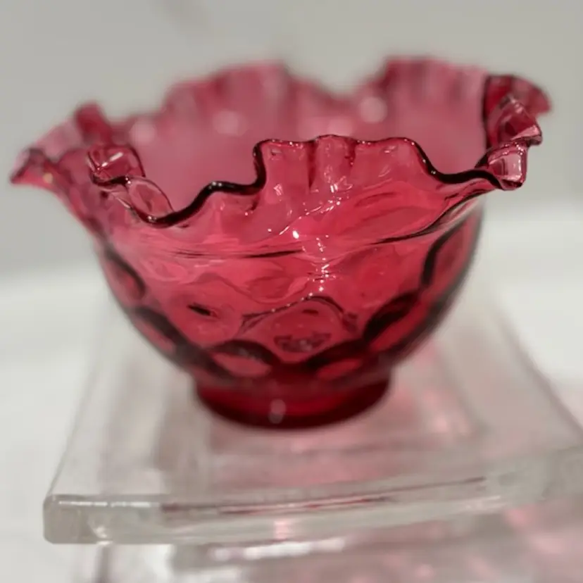 Fenton Optic Coin Dot Cranberry Ruffled Edge 3” Tall X 5.5” Wide