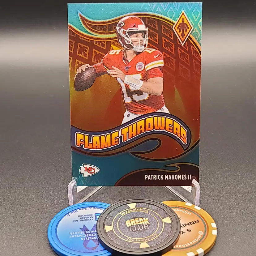 Patrick Mahomes 2021 Panini Phoenix Football Flame Throwers Insert Card Teal Parallel Numbered 43/149 Card #FT-11 - Kansas City Chiefs Football Card