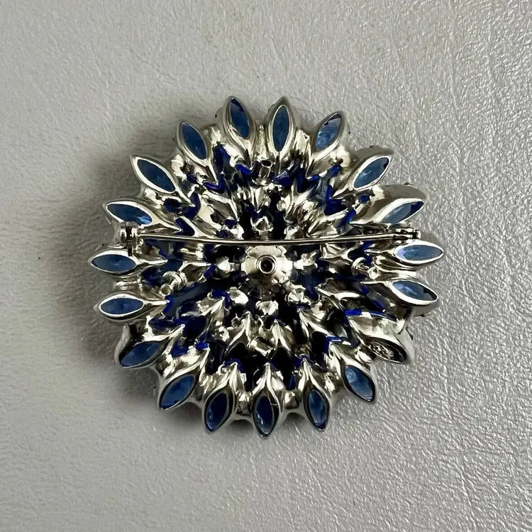 Vintage Large Flower Burst Brooch Royal Blue Pronged Rhinestones 2.5"  Silver Tone