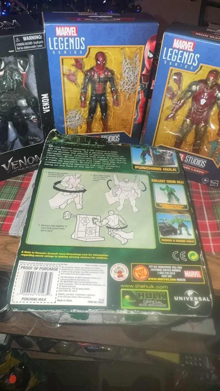 4x Marvel Legends 2002 Hulk Packaging In Rough Shape, Venom, Iron Man & Iron Spider Man All Perfect Conditions From 22-2024