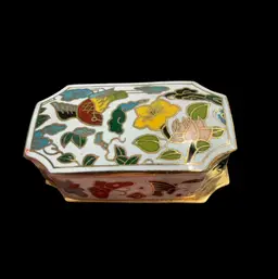 Vintage Cloisonné Enamel Floral Trinket Pill Box White w/Flowers & Bird Blue Inside, 2.3”