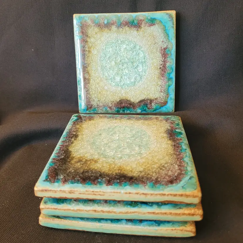 4 Beautiful Pottery Coasters Turquoise/Green 4 in Square