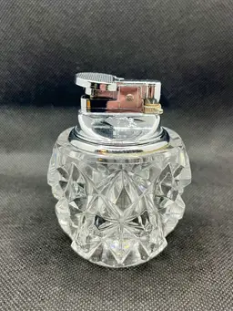 Vintage cut lead crystal table lighter faceted diamond pattern , tobacciana