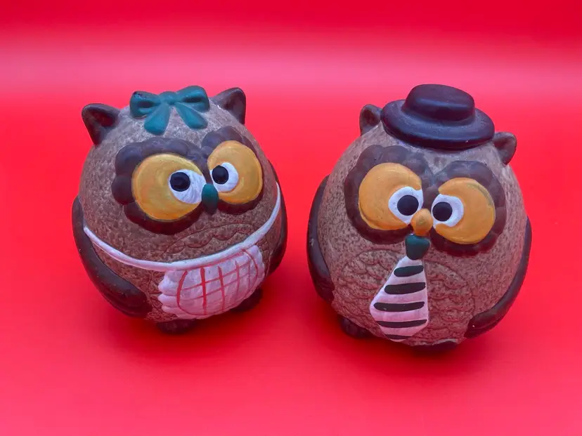 Vintage MCM Mr. & Mrs. Owl Ceramic Piggy Banks - 4.5" Tall