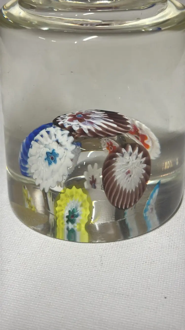 Fratelli Toso Murano Art Glass Millefiori Knob Top Paperweight uranium glow 5”