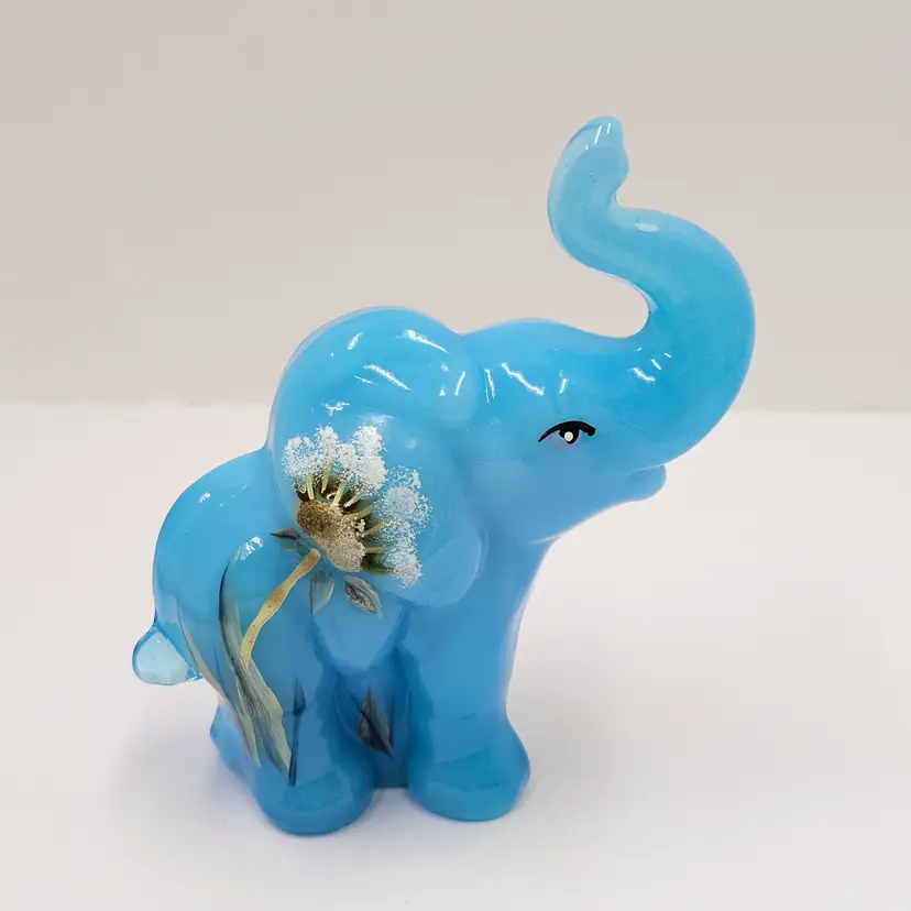 Fenton 3.75" Opaline Blue Glass Elephant Figurine Hand Painted