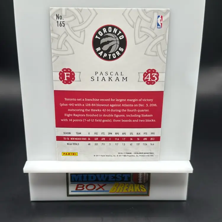 Pascal Siakam Rc 2016-17 Panini Excalibur Toronto Raptors MBBCRD