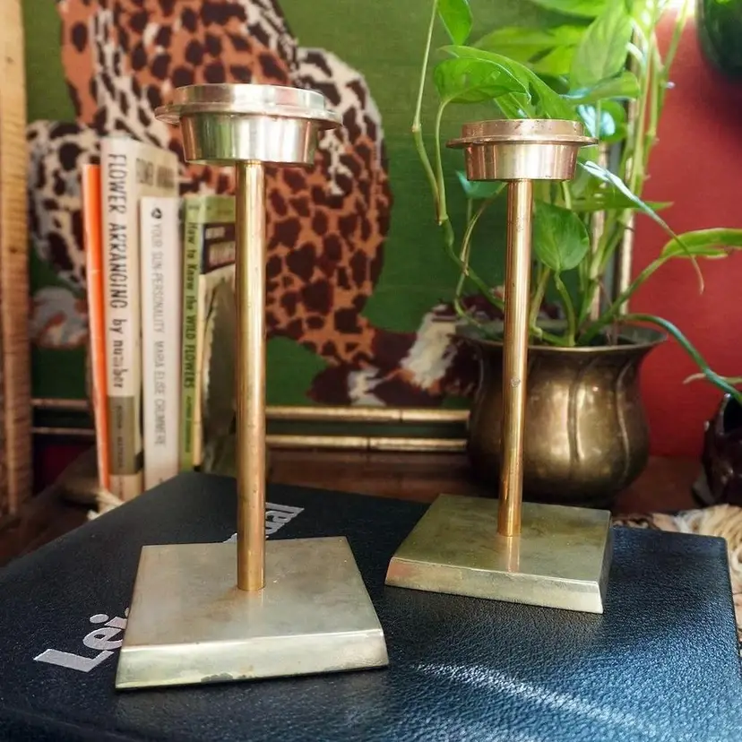 Vintage Brass Candle Holders | Square Base Taper Candle Holder Set